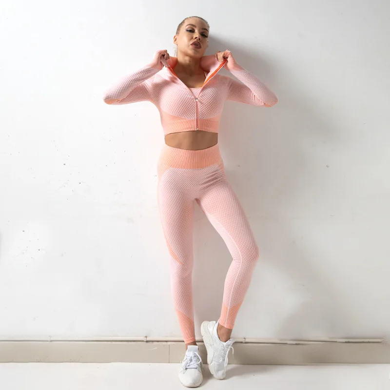 

Women Sportswear Yoga Set Tracksuit Clothing Sports Jogging Pants Gym Legging Seamless Fitness Crop Top Long Sleeve Yoga Suit