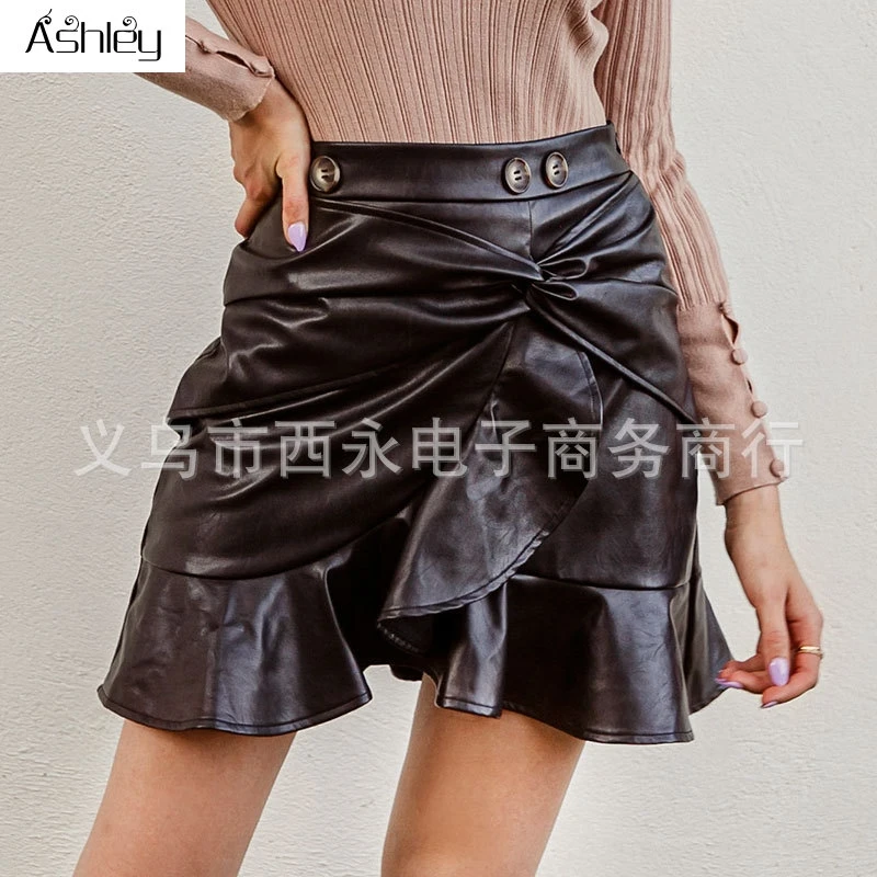 

Ashley Chic solid ruffle A-line women skirt Overlap asymmetrical button slim short skirt High street autumn wrap skirt ladies