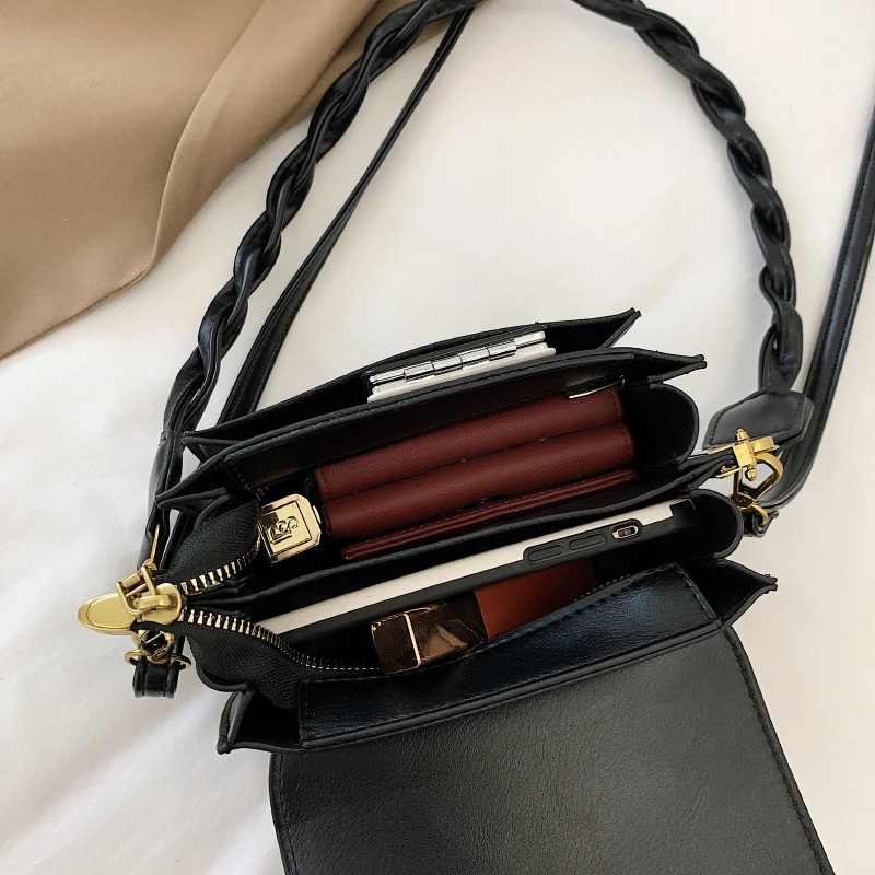 

Stone Lattice Flap Women Shoulder Bags Luxury Leather Messenger Bags Woven Strap Small Square Bag Black Lady Handbags Sacs Cabas