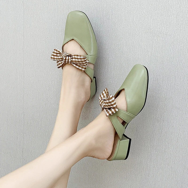 

Shoes Mules For Women 2021 Med Slippers Casual Square Toe Butterfly-Knot Pantofle Slides Luxury New Cover Block Butterfly-knot P
