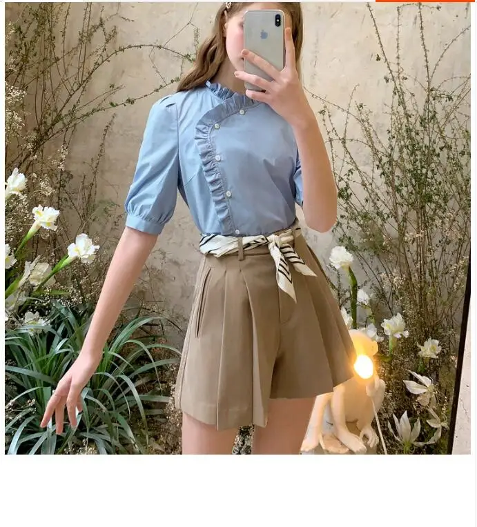 

Cute Chic Tops Sweet Girls Holiday Date Women Summer Flhjlwoc Korean Japanese Blue White Button Shirt Ruflled Vestidos femme 505