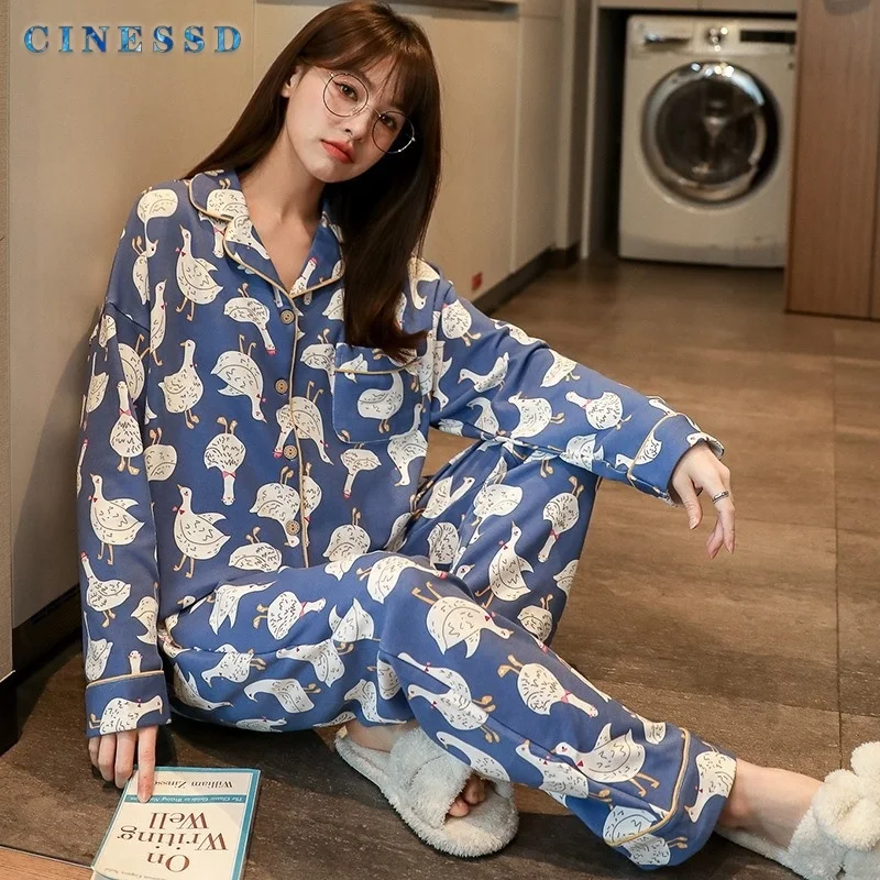 

Spring Autumn Women's Pajamas Sleeved Cardigan Loose Lovely Home Clothes Two-piece Suit Can Be Worn Outside Sweet Plus Size