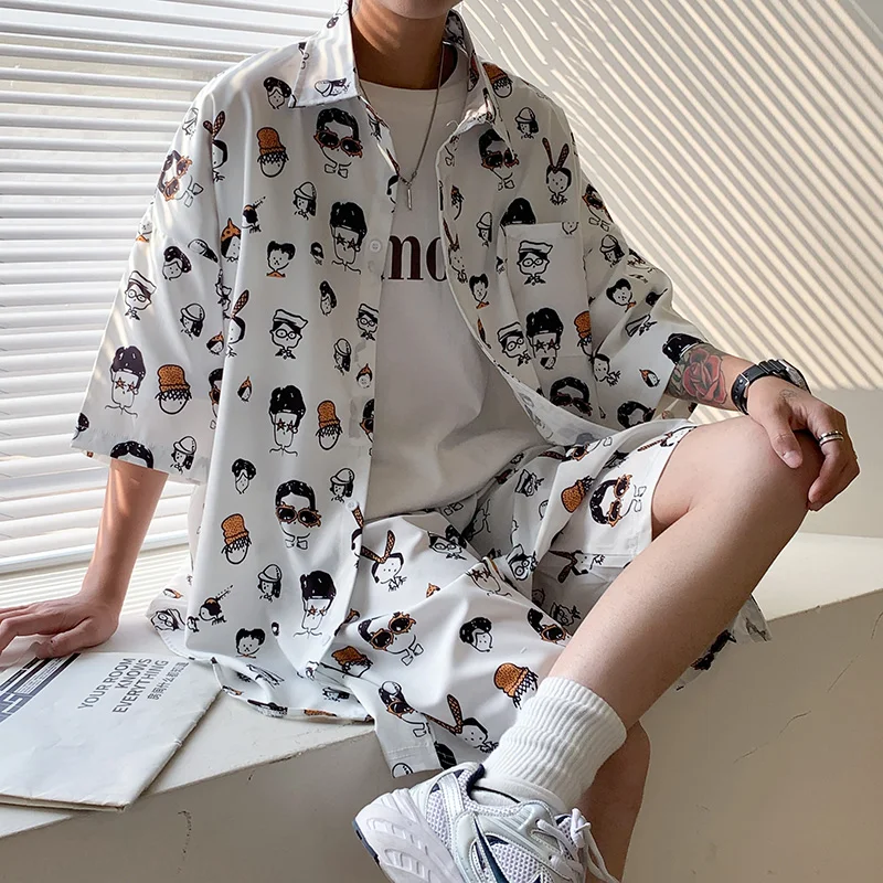 

2pcs Summer Man Sets Casual Shirts and Shorts Fashion Cartoon Graffiti Printing Unisex Couples Wear Oversize Streetwear Clothing