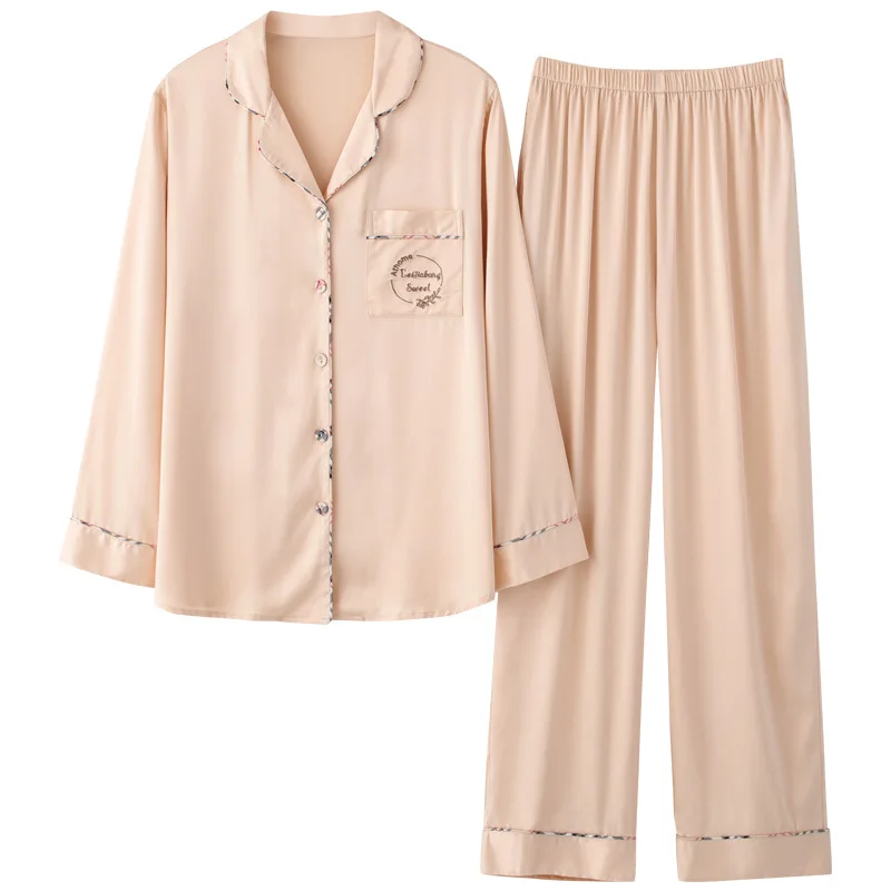 

Plus Size Long Sleeve 2PCS Sleepwear Nightwear Spring And Summer Women Pajamas Set Silky Satin Shirt&pant Casual Home Clothes