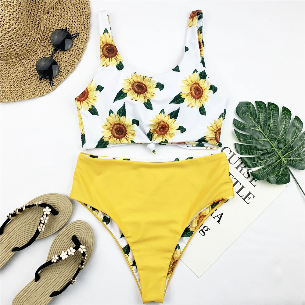 Высокая талия бикини женский цветочный принт Купальник укороченный топ
