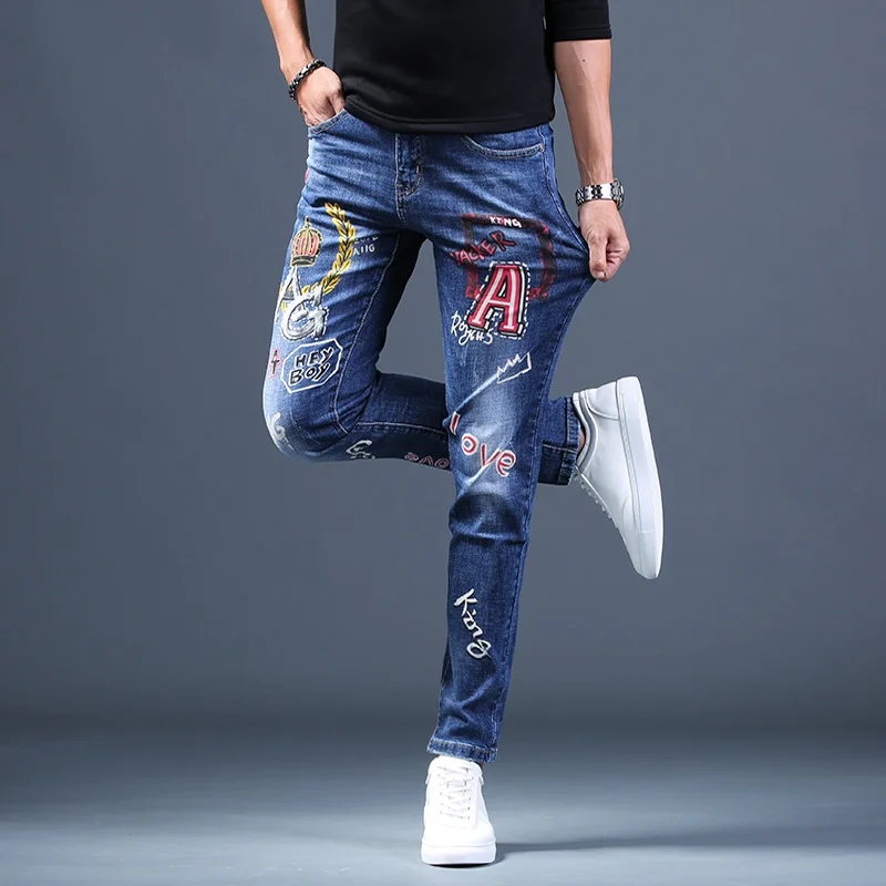 Mens Fashion Printed Blue Jeans Men Summer Regular Straight Denim Pants Hip Hop Streetwear Casual Trousers