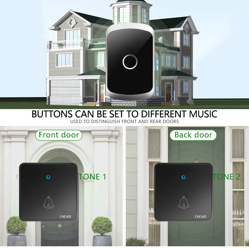 Беспроводной дверной звонок CACAZI водонепроницаемый с дистанционным управлением