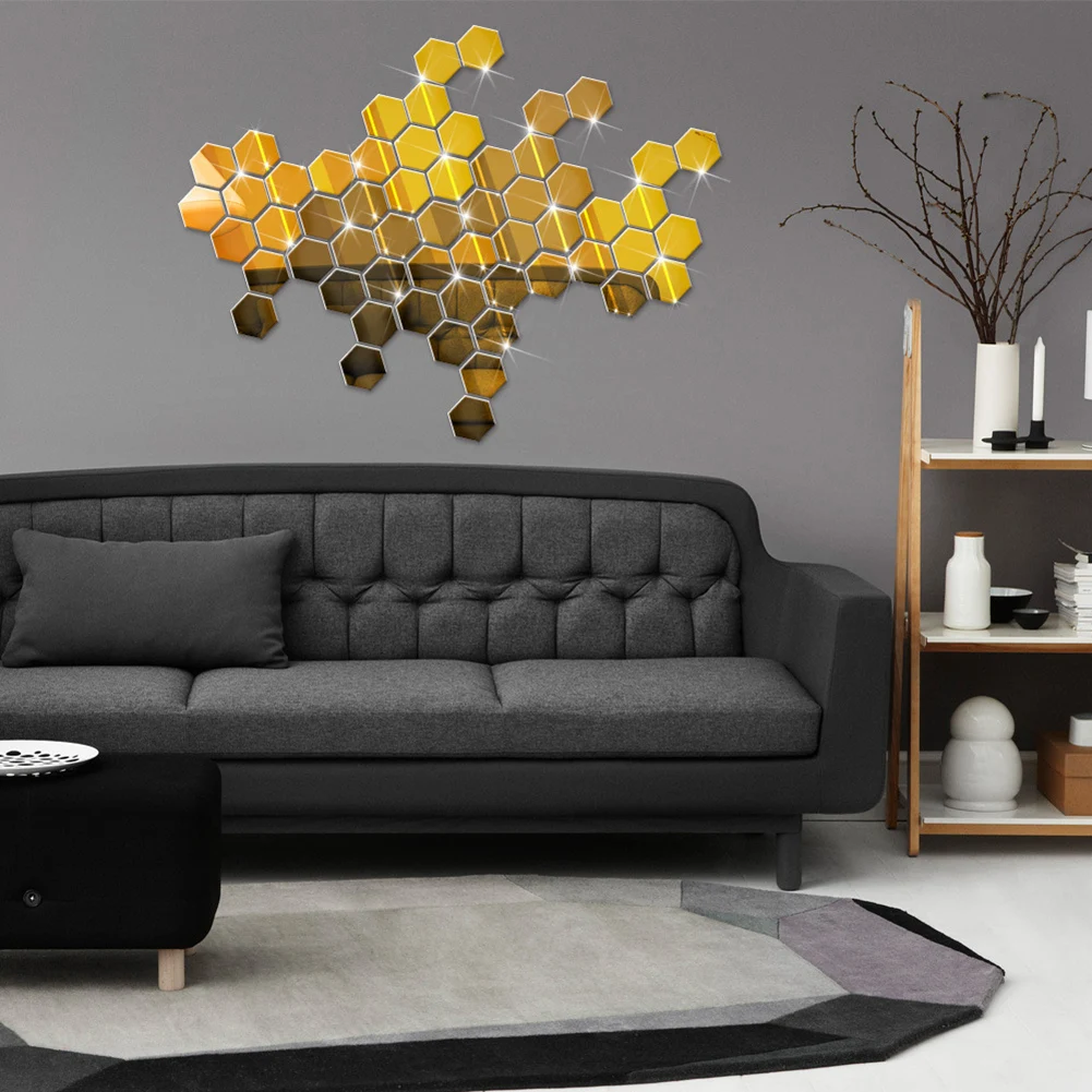 

12Pcs Decorative Wall Mirrors Paper Golden/silver Diy Hexagon Wall Stickers Room Decoration Home Decor Art for Living Room