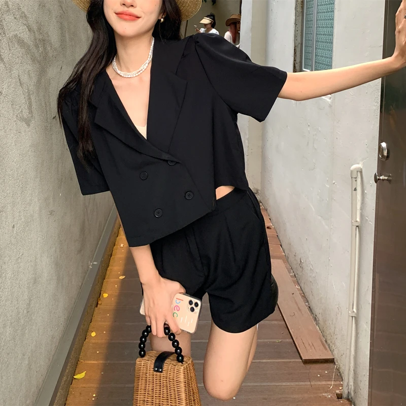 

Korean Fashion Two Piece Set Women Outfits Short Sleeve Crop Top and High Waist Wide Leg Short Pant Suits Girl Sweet Shorts Set