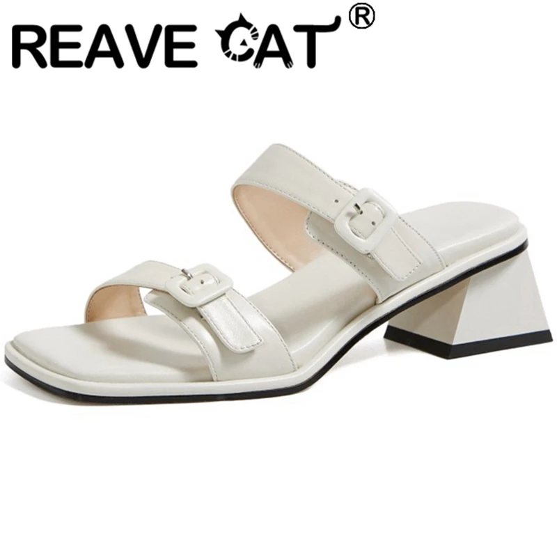 

REAVE CAT 2021 New Genuine Leather Slippers Slingbacks Belt Buckle Narrow Band Slip On 4.5cm Strange Heel US8 Black White A4295