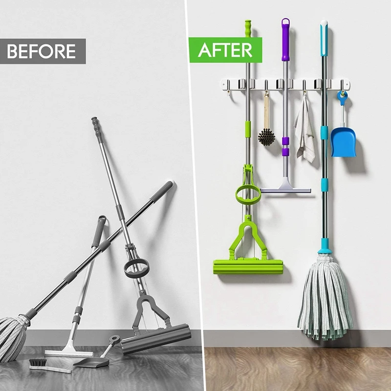 

Broom Mop Holder Wall Mount,Metal Stainless Steel Wall Mounted Storage Organizer Heavy Duty Tools Hanger