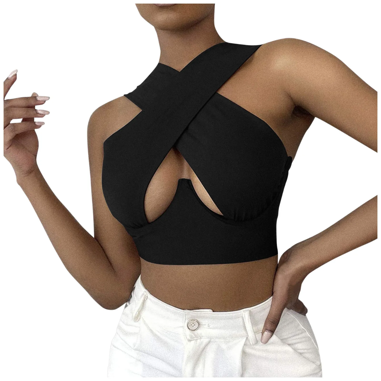 

Sexy Women Tank Top Crisscross Cut Out Vest Halter Wrap Crop Top Solid Cami Tank Tops Summer Tops For Bar Party Blouse #10