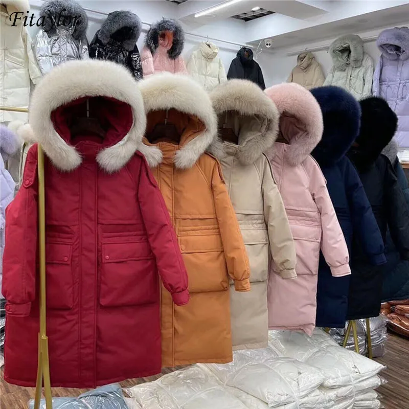 Fitaylor 90% White Duck Down Jacket Women Big Real Raccoon Fur Feather Coat Casual Windproof Warm Winter Long Sleeve Outwear | Женская