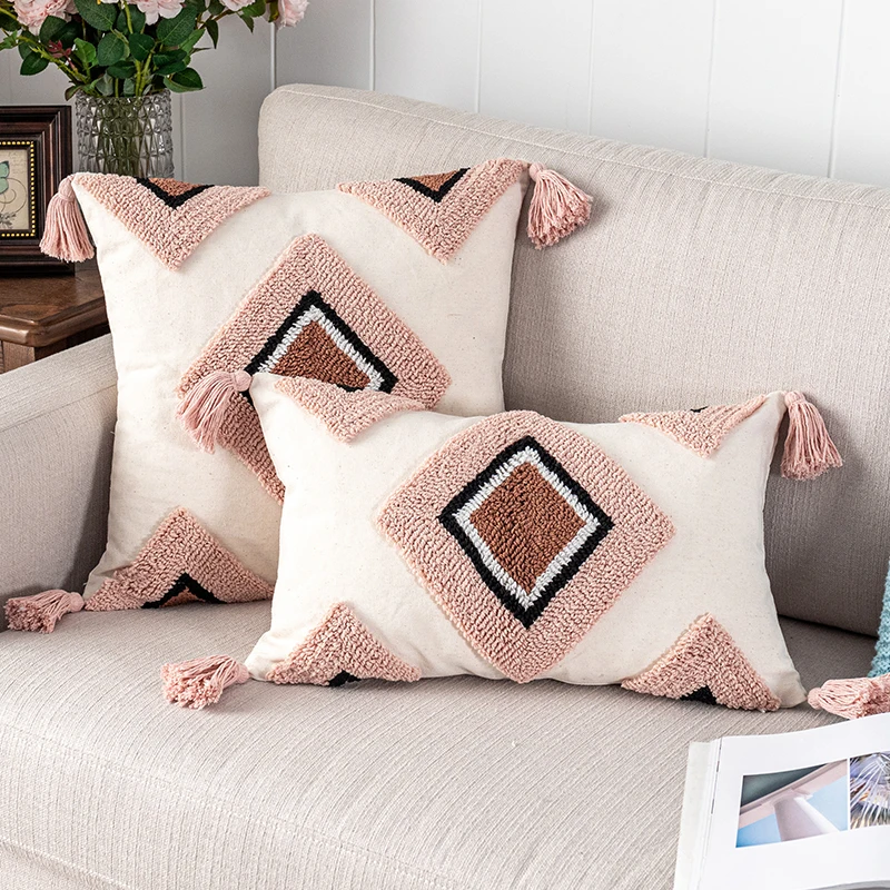 

Cushion Cover Pink Geometry Tan Pillow Cover 30x50cm/45x45cm Woven Tufted Pillowcase Pillow Sham Diamond Home Living Room