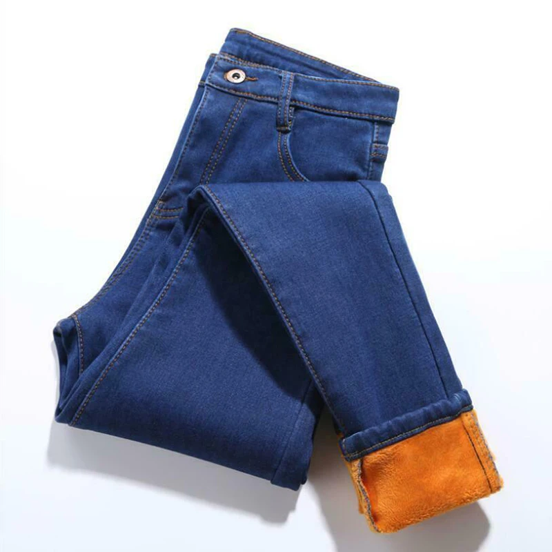 blue Winter Warm Jeans Women Elastic High Waist Denim Pants Female Trousers Soft Thickened Black Velvet Jeans Fleece Long Pants - Цвет: blue
