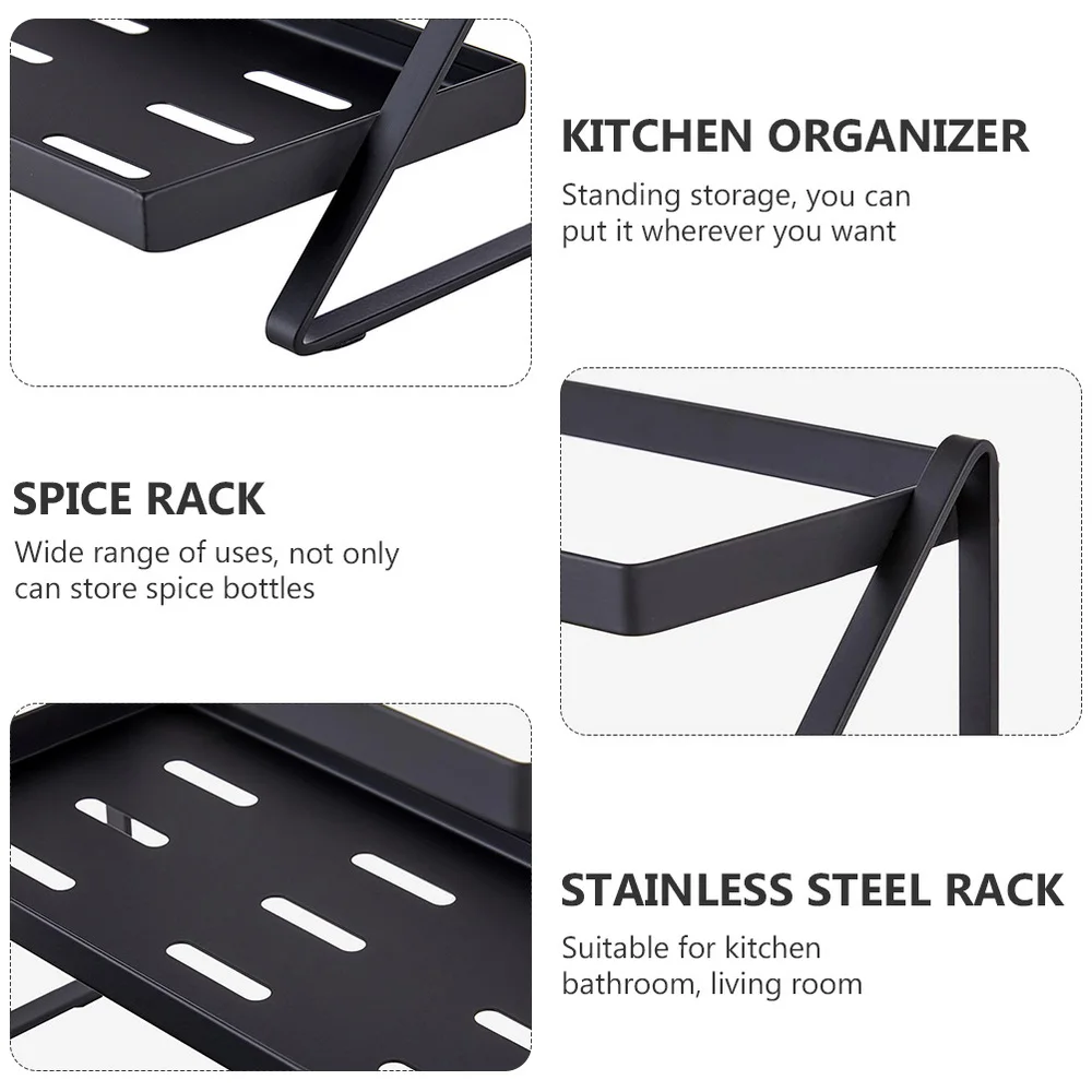 

1pc Kitchen Seasoning Storage Holder Spice Rack T-tier Kitchen Rack (Black)