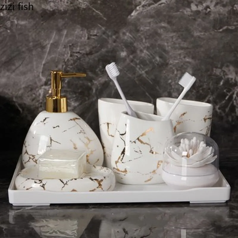 

6/7pcs set Gold marble ceramics Bathroom Accessories Set Soap Dispenser/Toothbrush Holder/Tumbler/Soap Dish Bathroom Products