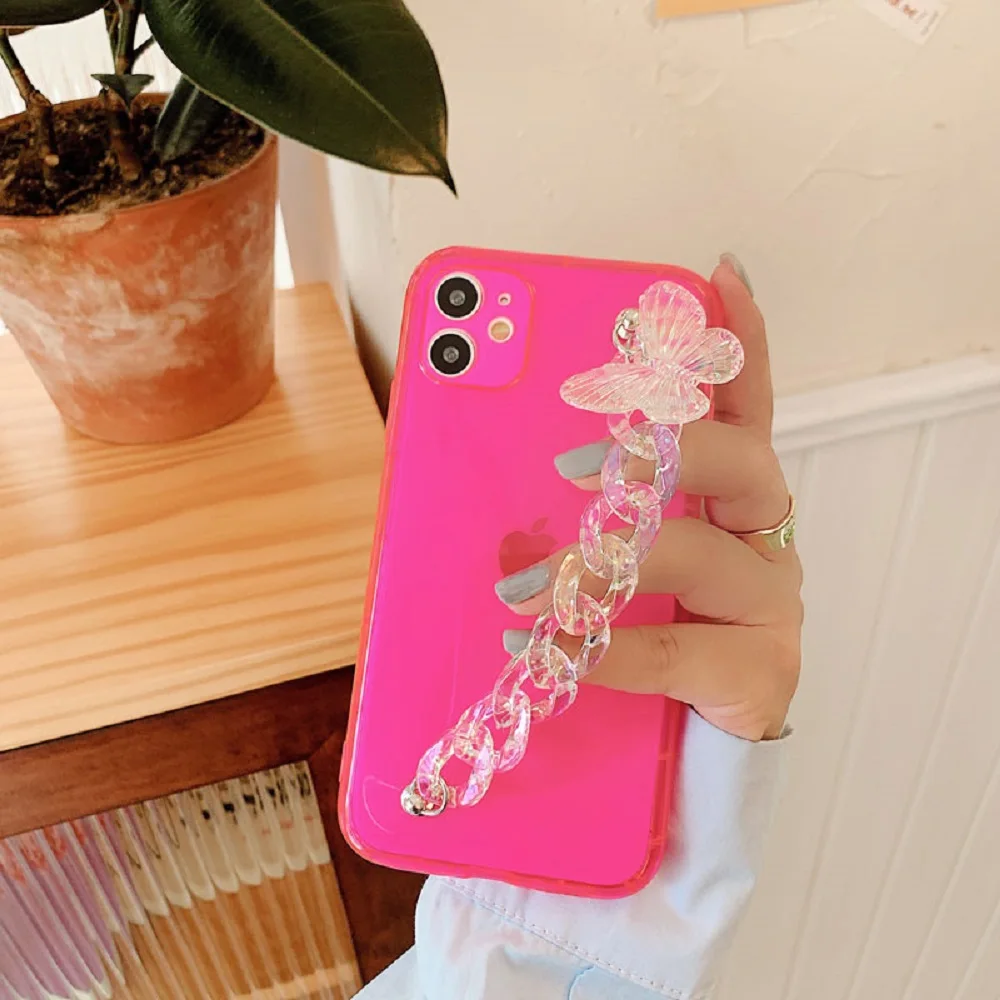 

for iphone 11 Pro XS Max X XR 7 6 8 Plus SE Shockproof Phone Cases 3D Crystal Butterfly Bracelet Wrist Chain Soft Back Cover