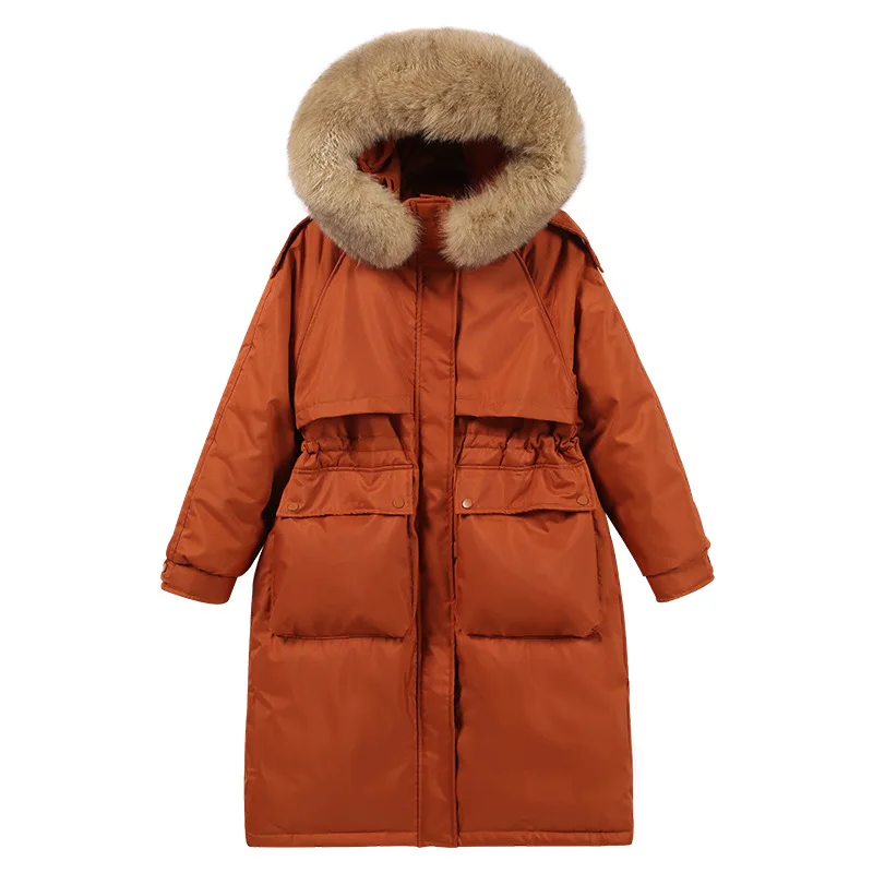 

Женский пуховик с большим меховым воротником, длинная приталенная куртка на белом утином пуху с карманами, теплая зимняя верхняя одежда в К...