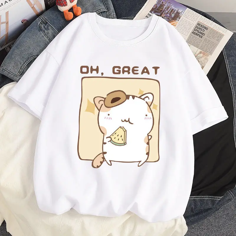 Camiseta de algodón 100% para mujer, ropa Kawaii de Anime, sandía, hámster, Harajuku, holgada, Ulzzang, de manga corta