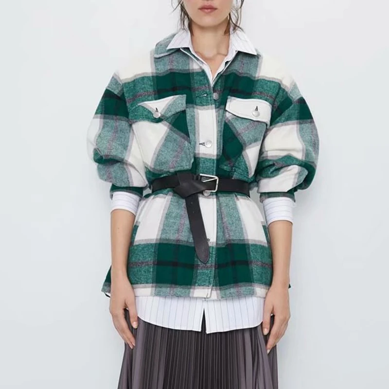 Женская клетчатая куртка зеленая Свободная в Корейском стиле большие размеры