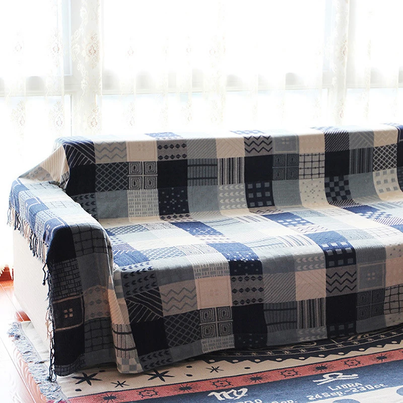 Хлопковое полотенце на диван синий плед кисточкой чехол кресло/loveseat одеяло