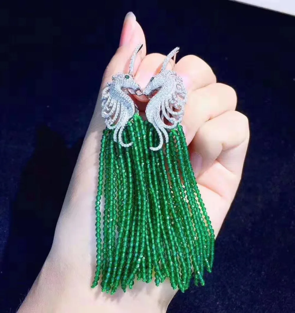 Роскошные серьги с зеленым кристаллом, 925 пробы, серебряное, морской конек, висячие серьги с AAA цирконием, серьги в виде животных, женские свадебные ювелирные изделия