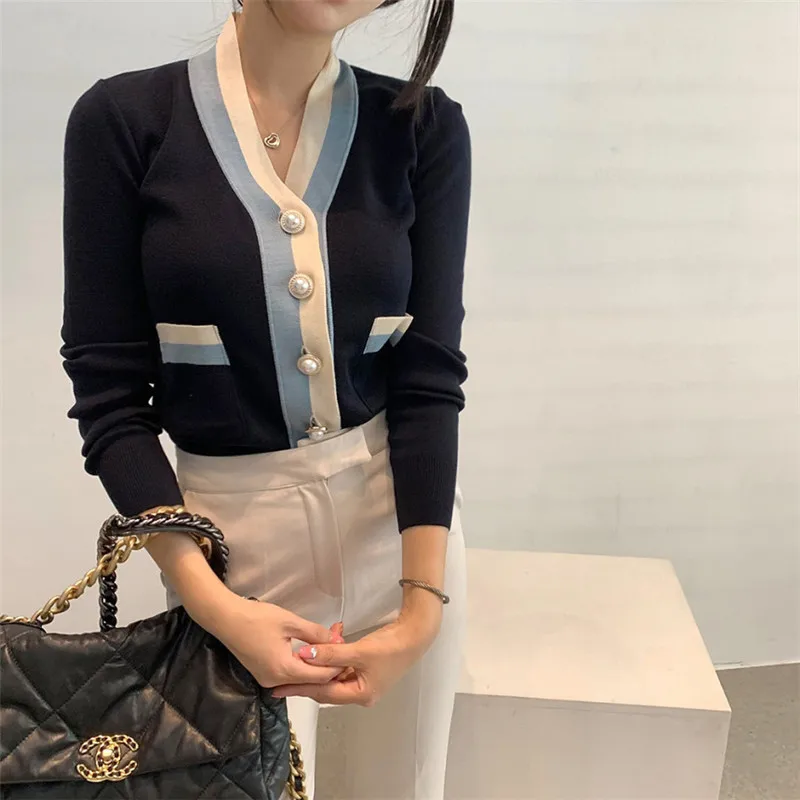

chic retro elegant fashion patchwork sweater cardigan termperament hit color knitted cardigans 2020 winter thick knitwear