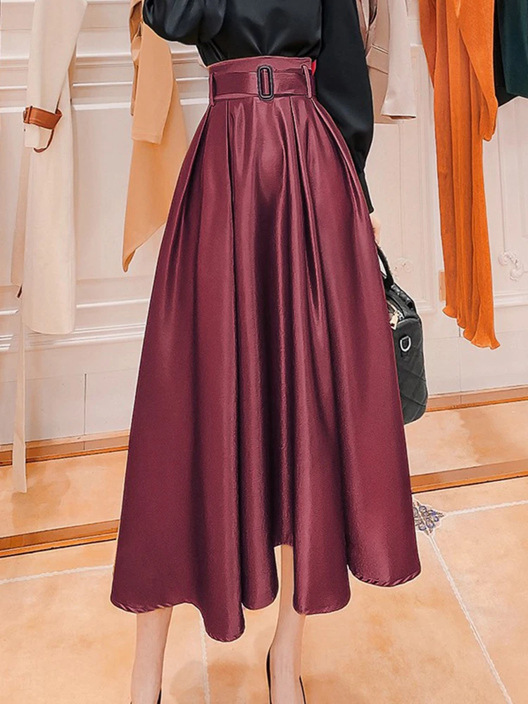 

TIGENA Elegant Satin Long Skirt Women with Pocket 2021 Fall Winter Vintage Solid A Line Belt High Waist Midi Skirt Female Ladies