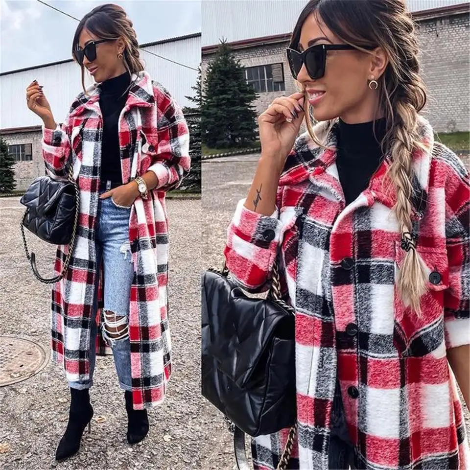 

Women's Coat Autumn Winter Long Sleeve Red Plaid Jacket Women Lapel Single Breasted Cardigan Coat Turndown Collar Women Coat