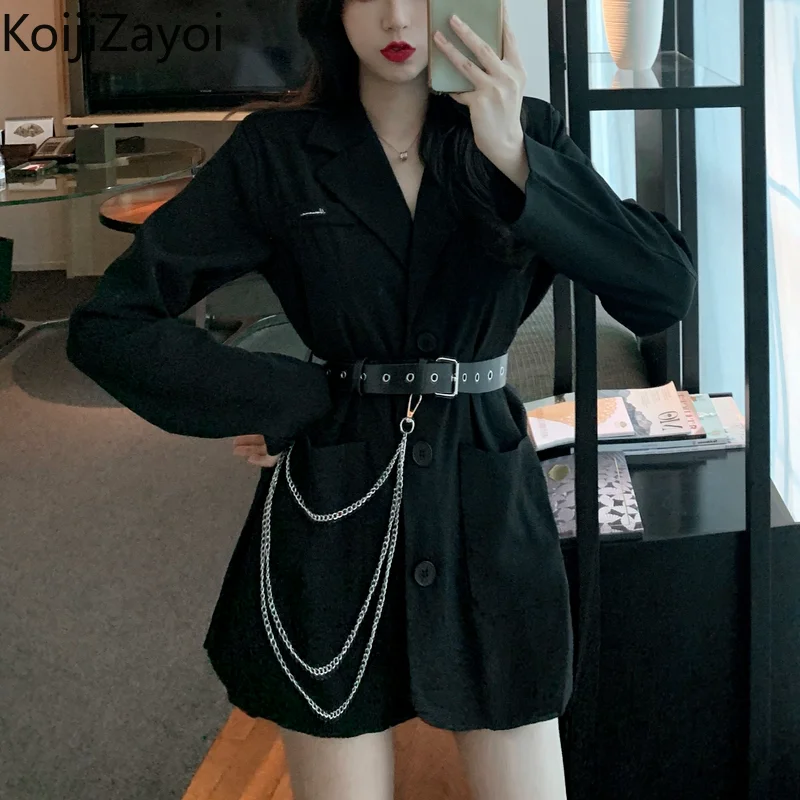

Koijizayo 2022 Womens Black Long Blazer Korean Single Breasted Notched Suit Jacket Casual Chain Belted Office Lady Formal Blazer