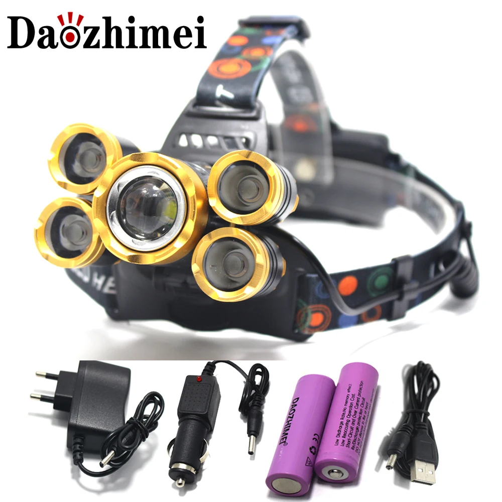 

T6+XPE LED Headlight 8000lm Zoomable 5led Headlamp Tube Torch LED Flashlight+Car Charger+18650 Batteries for Outdoor Lighting
