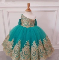 aqua flower girls dress with golden appliques ball gown sexy one shoulder with bow knot princess toddler birthday party vestidos