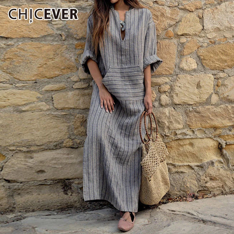 CHICEVER Vintage Striped Dress For Women V Neck Half Sleeve Loose Plus Size Autumn Long Dresses Female Clothes Fashion New | Женская