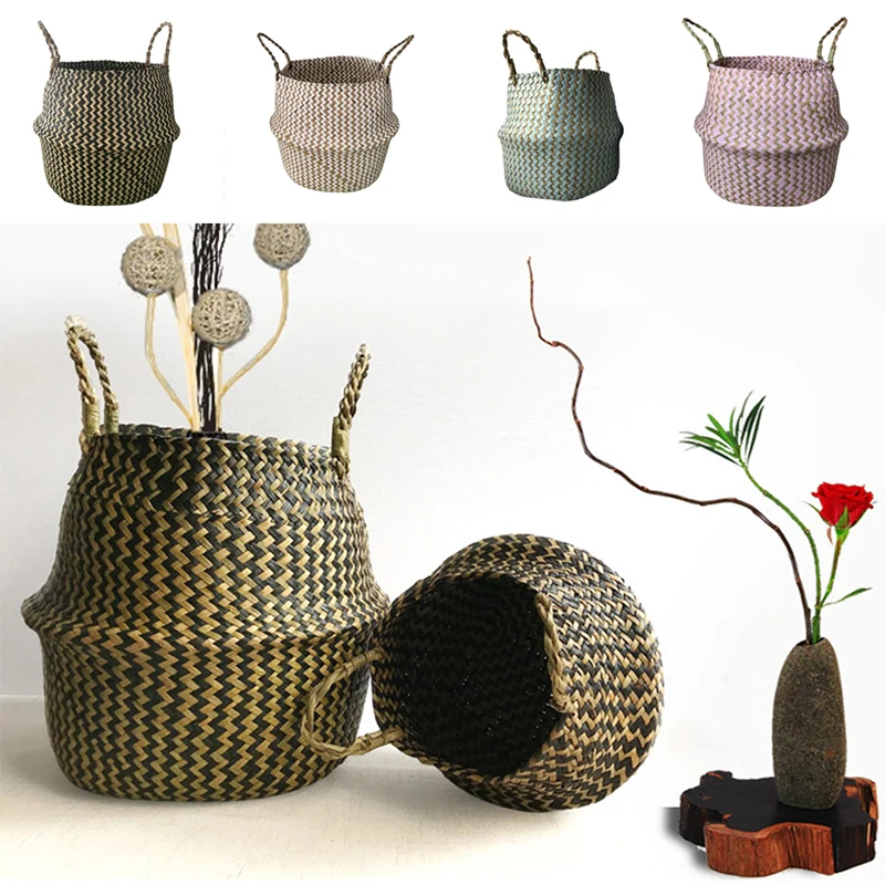 

Home Garden Storage Planter Pot Wicker Basket Rattan Straw Seagrass Flower Pot Wave Pattern Laundry Basket Foldable Handmade