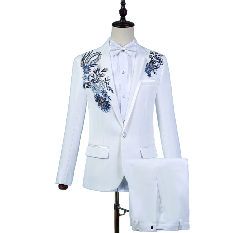 

2020 Men's New Performance Suit Slim-Fit Host Singer Adult White Embroidered Suit Two Pieces