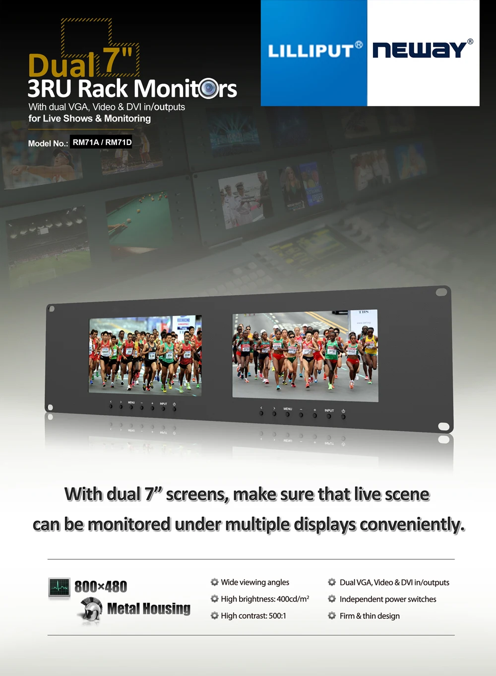 Neway RM71D 3U Rackmount 7 дюймов двойные мониторы DVI VGA видео вход и выход