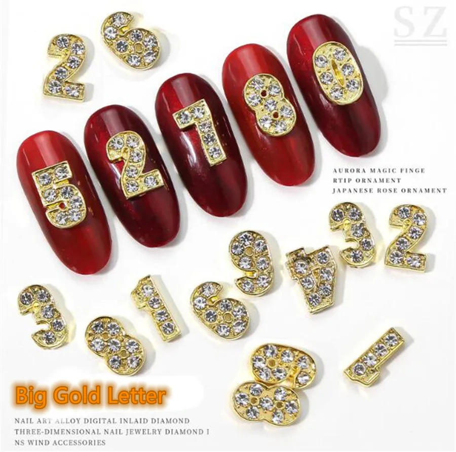 

10PCS Gold Color Alloy 0-9 Number AB Rhinestone 3D Nail Art Decorations Charm Jewelry Salon DIY Manicure Accessories