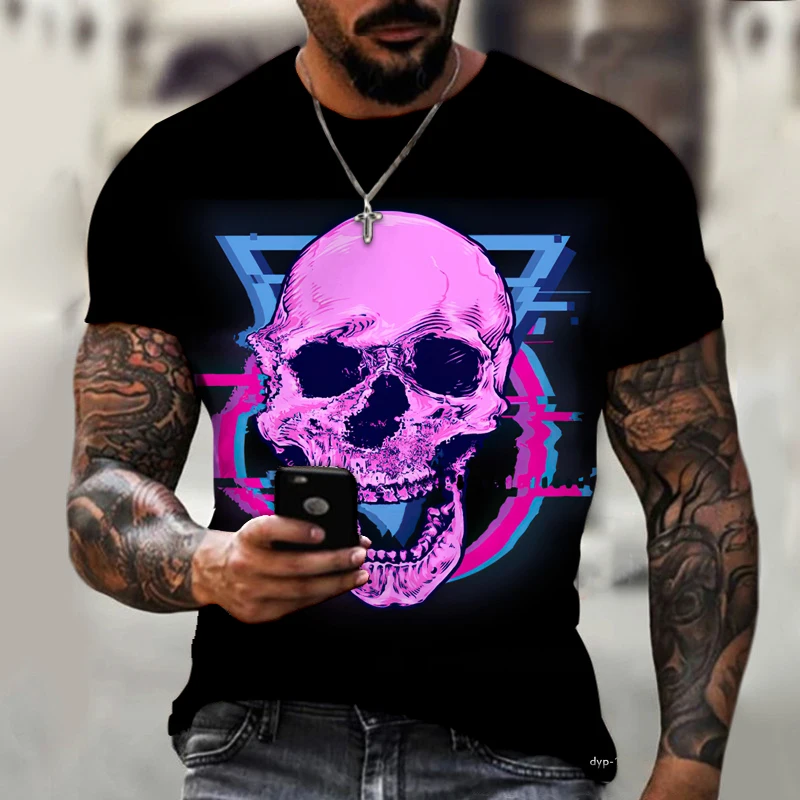 

KYＣK Brand Men’s Shirt Exclusive Design Color Skull Art Aesthetics Round Neck Top 3D Printing Super Large S-9XL