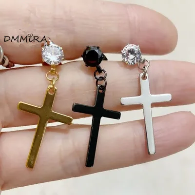 Женские и мужские серьги подвески золотого черного цвета с белыми кристаллами