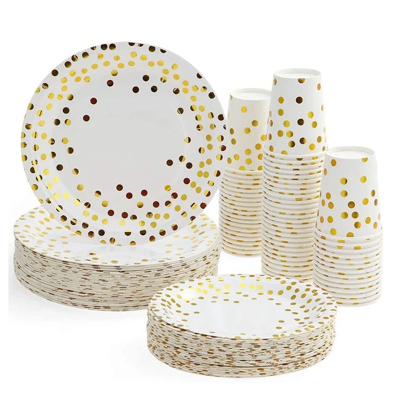 

AC86 -180 шт одноразовая столовая посуда для вечерние с золотыми точками дисковая тарелка чашка для напитков обеденная тарелка Тарелка десертн...