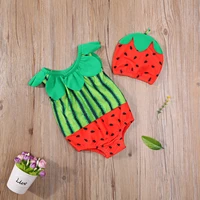 2 pcs baby girls sleeveless swimwear toddler print round neck swimsuit bathing suit watermelon bathing cap beachwear