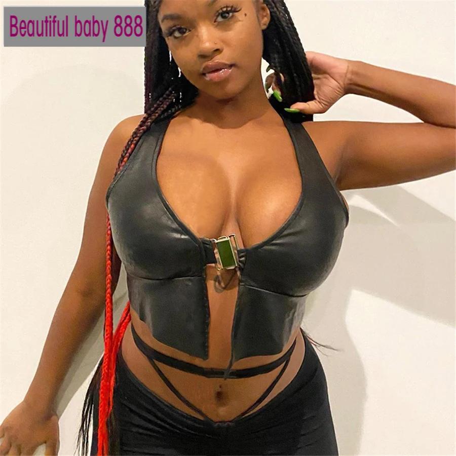 

Meqeiss новые пикантные низкие кожаные безрукавки для женщин в стиле панк черный платье на бретелях, модная блузка на бретельках, Клубные вечер...