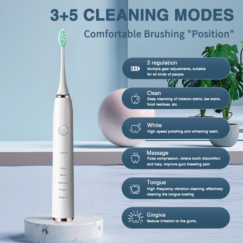 Boyakang Ultrasonic Electric Toothbrush 5 Modes IPX7 Waterproof Intelligent Reminder Dupont Bristles USB Charger Adult BYK35