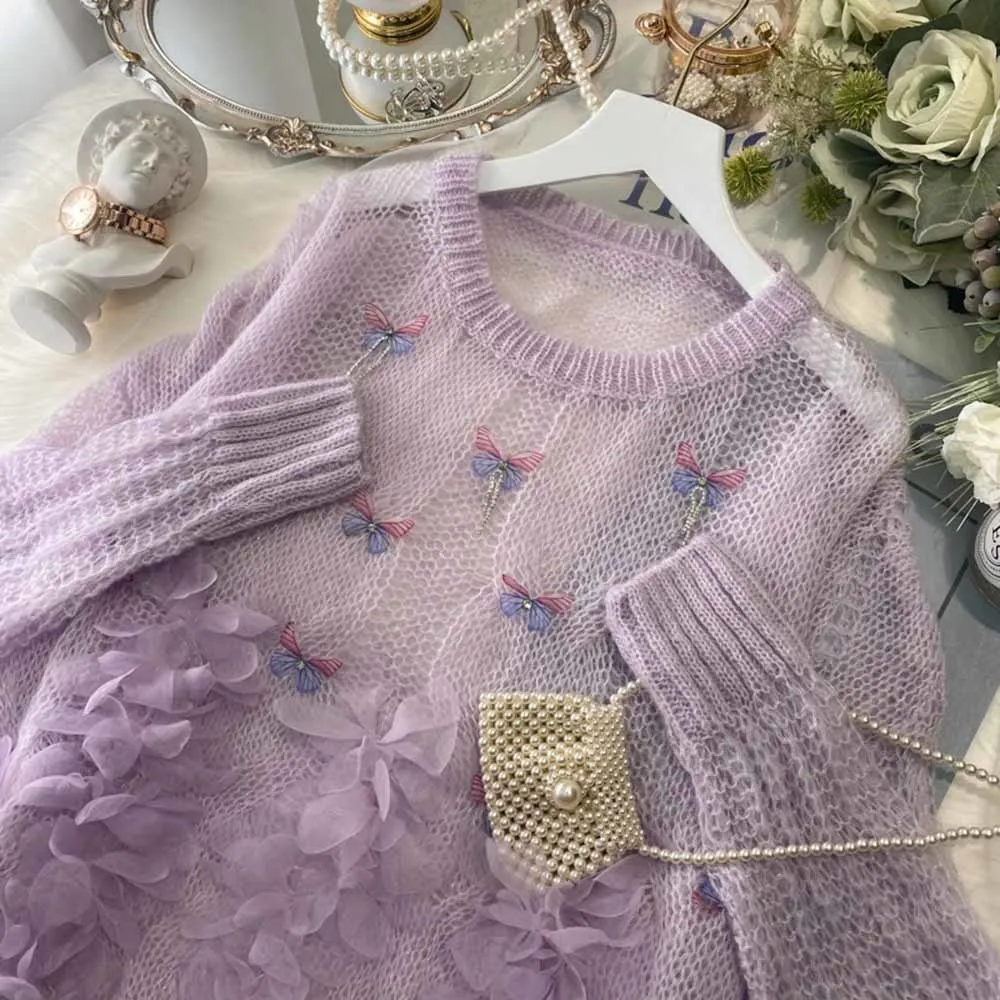 Женский вязаный свитер с бусинами и цветами Свободный пуловер синего