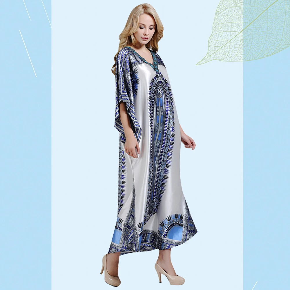 

Dashiki Fashion African Dresses Women Summer Elegant Blue Print V-collar Bat Sleeve Slit Maxi Femme Dress Robe Gown Polyester