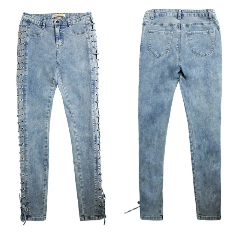 2019 женские джинсы со шнуровкой модные рваные узкие джинсовые брюки-карандаш с