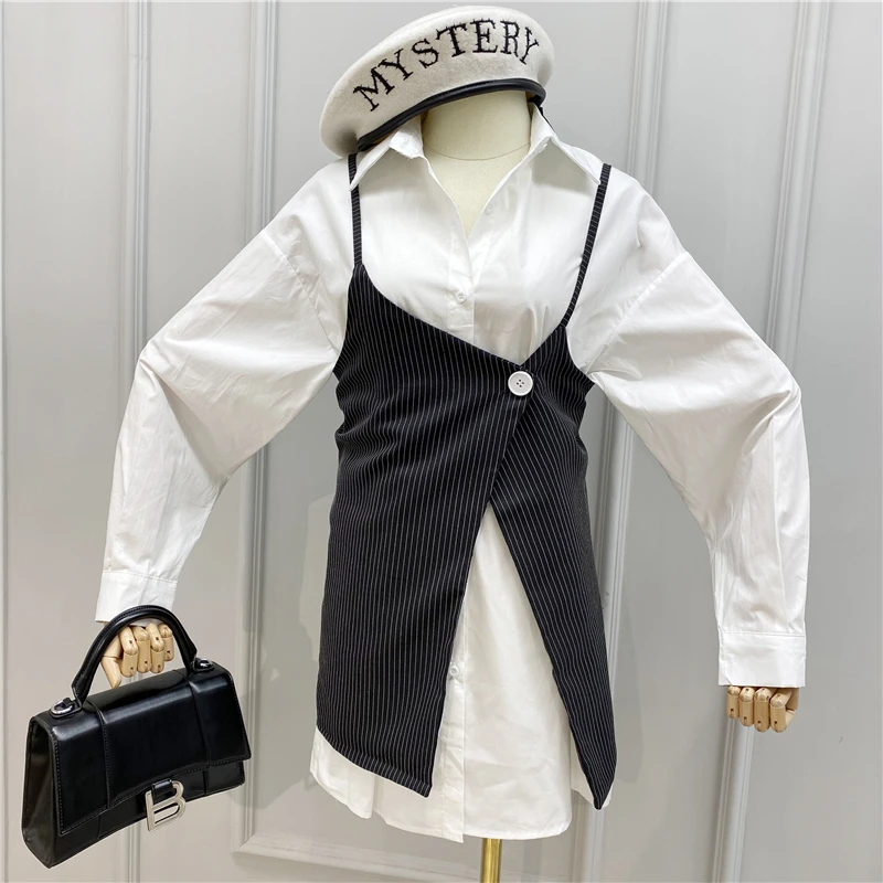 Женский жилет в полоску + свободное платье Корейском стиле сезон весна-лето