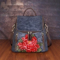 genuine cowhide leather women bag retro floral high quality luxury backpack for female new large capacity travel backpacks