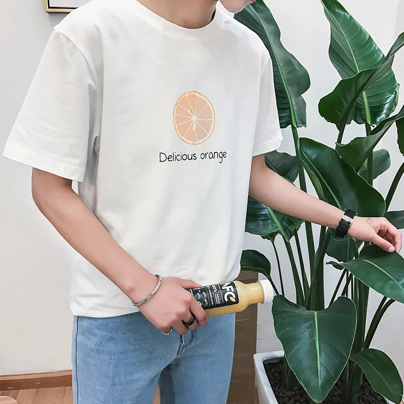 

2021 new fashion Hong Kong Style fruit print round neck T-shirt Japanese retro loose top men's short sleeve trendy 100 cotton